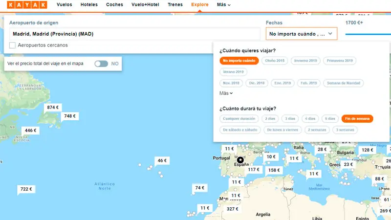 Mapa Explore de Kayak para buscar vuelos de fin de semana