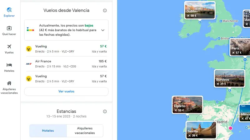 Vuelos de fin de semana en Google Travel