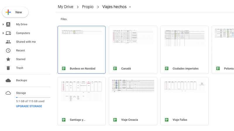 Captura de Google Drive utilizado para gestionar viajes