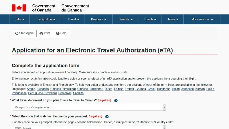 Cómo y dónde solicitar la autorización eTA para Canadá 2 Captura de la página oficial para solicitar la eTA para Canadá