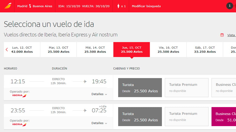 Ejemplo compra vuelos con Avios en Iberia