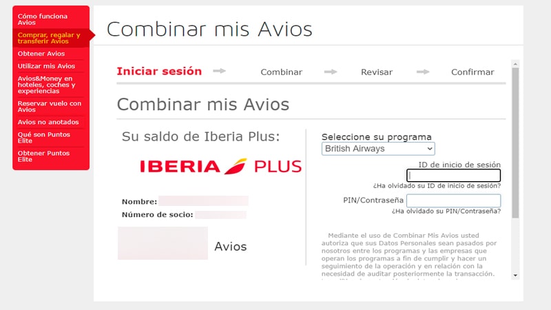 Ventana para combinar Avios en Iberia Plus